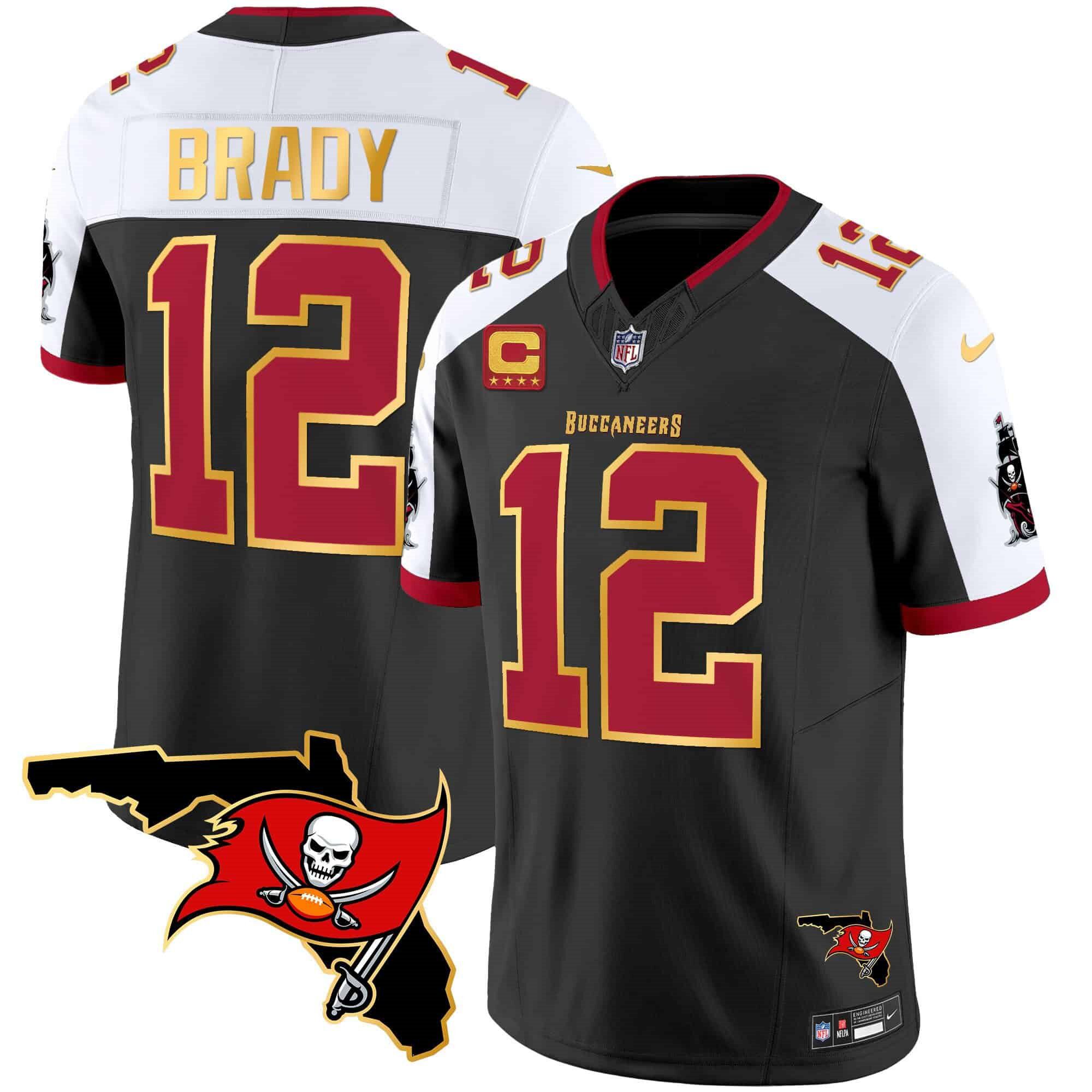 Men Tampa Bay Buccaneers 12 Brady Black 2024 Nike Florida Patch Gold Trim Vapor NFL Jersey